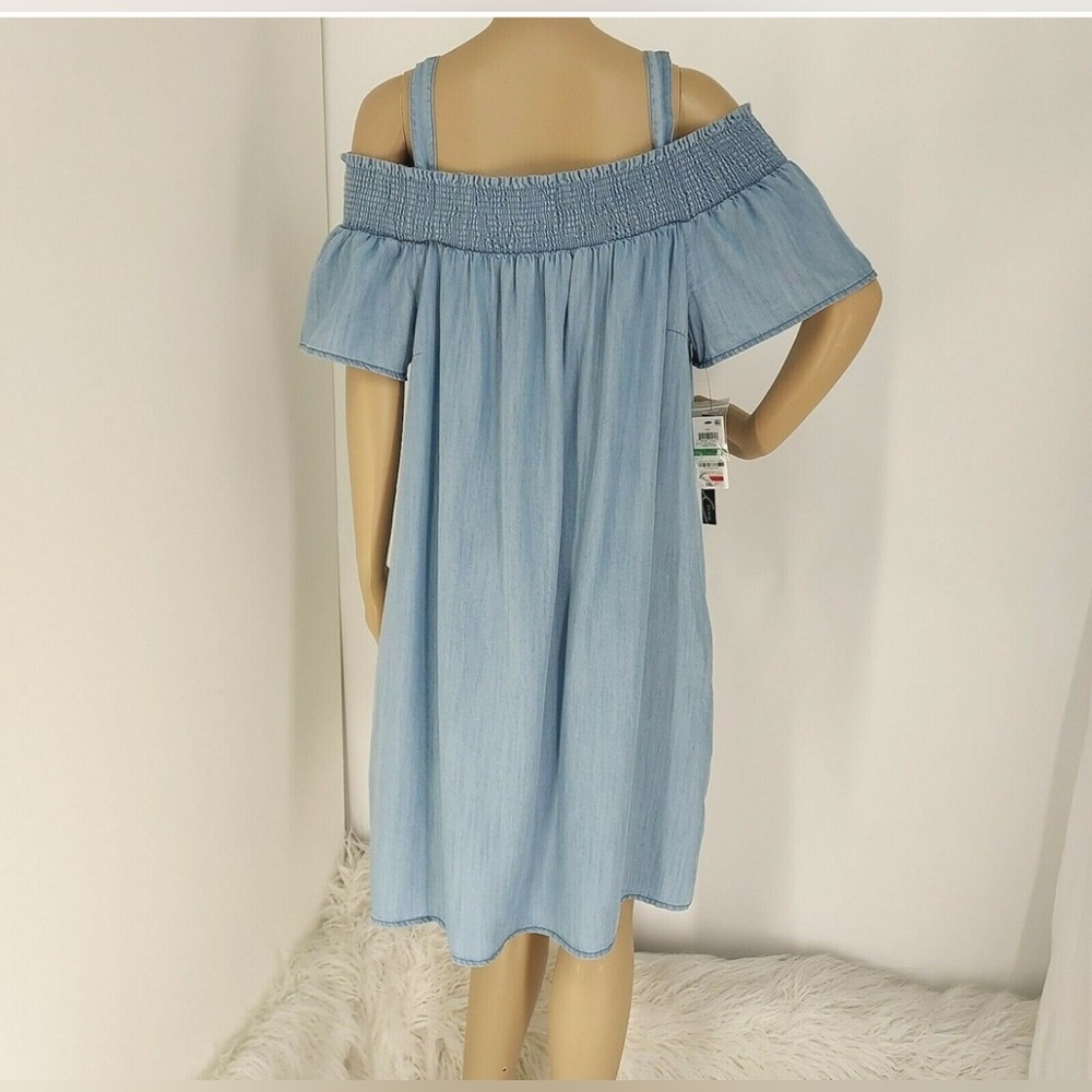 INC Indigo Wash Denim Off the Shoulder Dress with straps. Pockets Size:Small